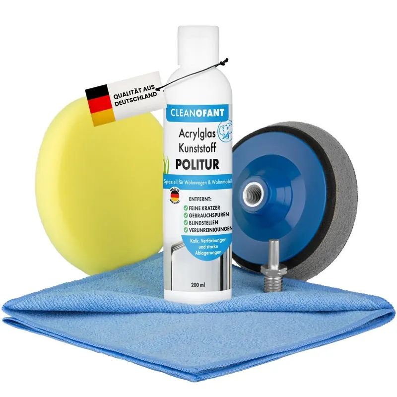 Acrylglas-Kunststoff-POLITUR Set mit Adapter (für Akku-Schrauber / Poliermaschine)
