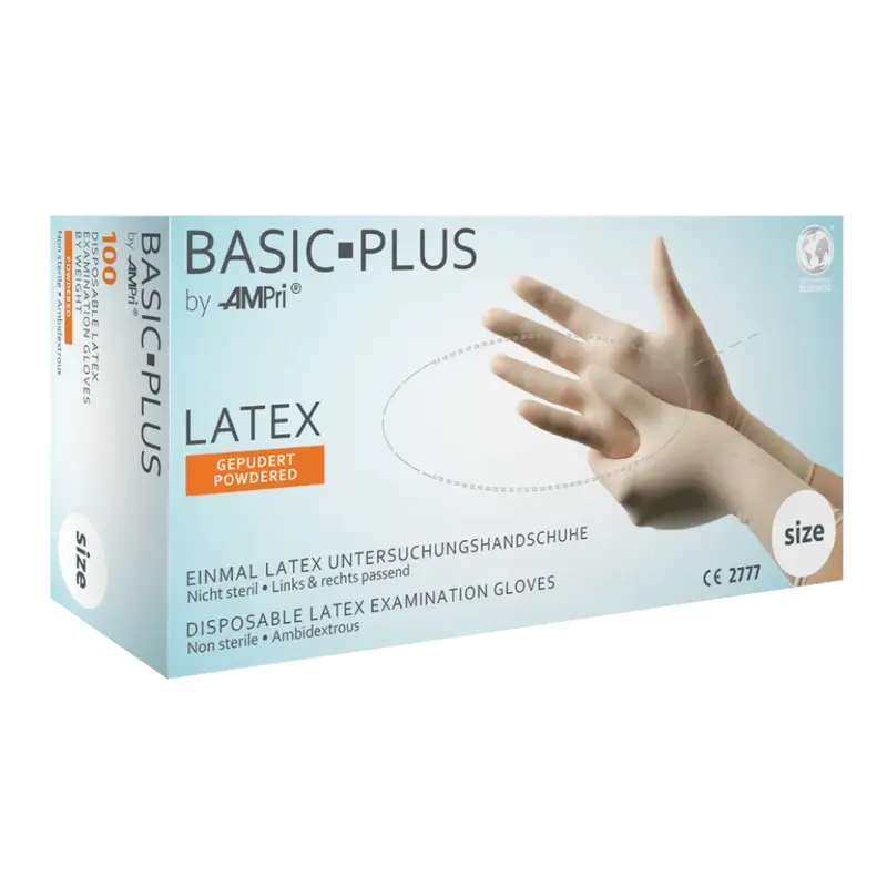 AMPri BASIC-PLUS Latexhandschuhe gepudert, weiß | Box (100 Stück)