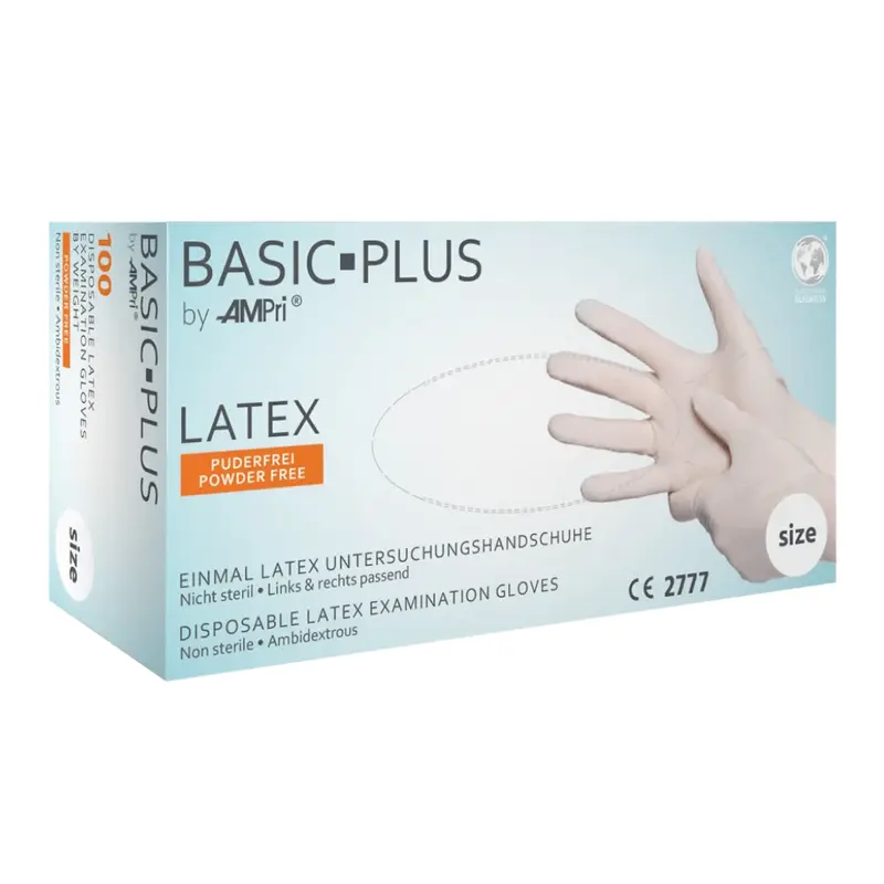 AMPri BASIC-PLUS Latexhandschuhe puderfrei, weiß | Box (100 Stück)