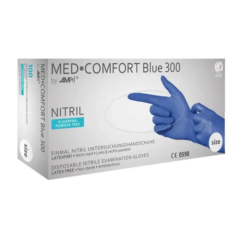 AMPri MED-COMFORT BLUE 300 Nitrilhandschuhe extra Lang puderfrei, blau | Box (100 Stück)