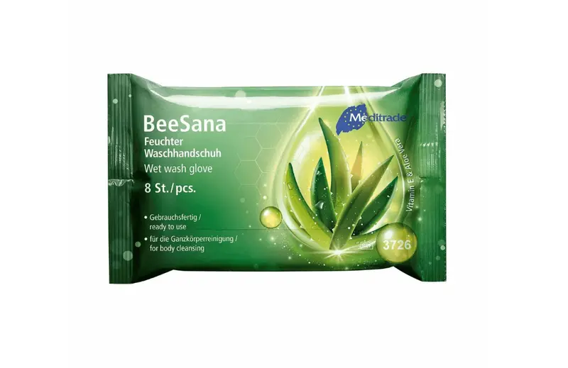 BeeSana Feuchter Waschhandschuh Flowpack, 8 Stück pro Packung