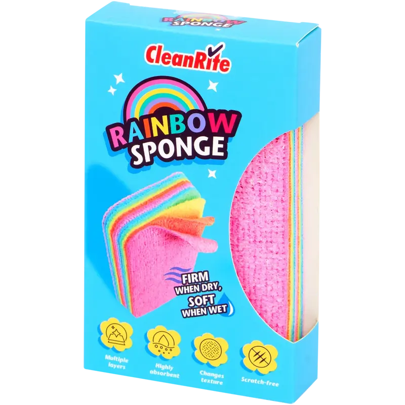 CleanRite Rainbow Sponge – Multifunctionele Reinigingsspons | Zacht als Nat, Stevig als Droog | Krasvrij, Absorberend & Duurzaam