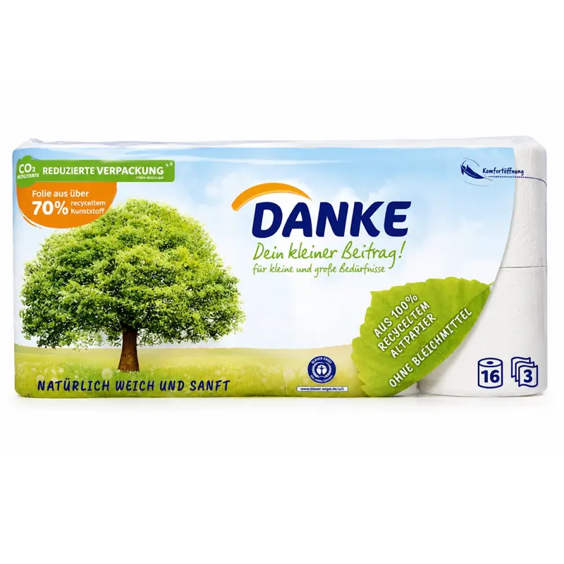 DANKE Recycling Toilettenpapier 3-lagig 16 Rollen – Blauer Engel