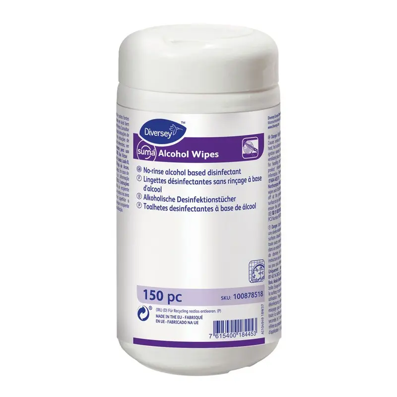 Diversey Suma Alcohol Wipes, alkoholische Desinfektionstücher, weiß - Karton mit 12 Dosen á 150 Stück