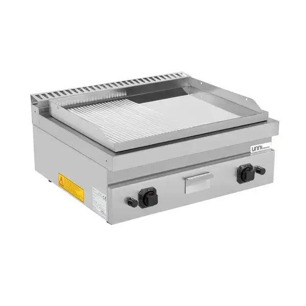 Gas-Grillplatte - 800x700x300 mm - 1/2 glatt – 1/2 gerillt - Chrom - 13 kW