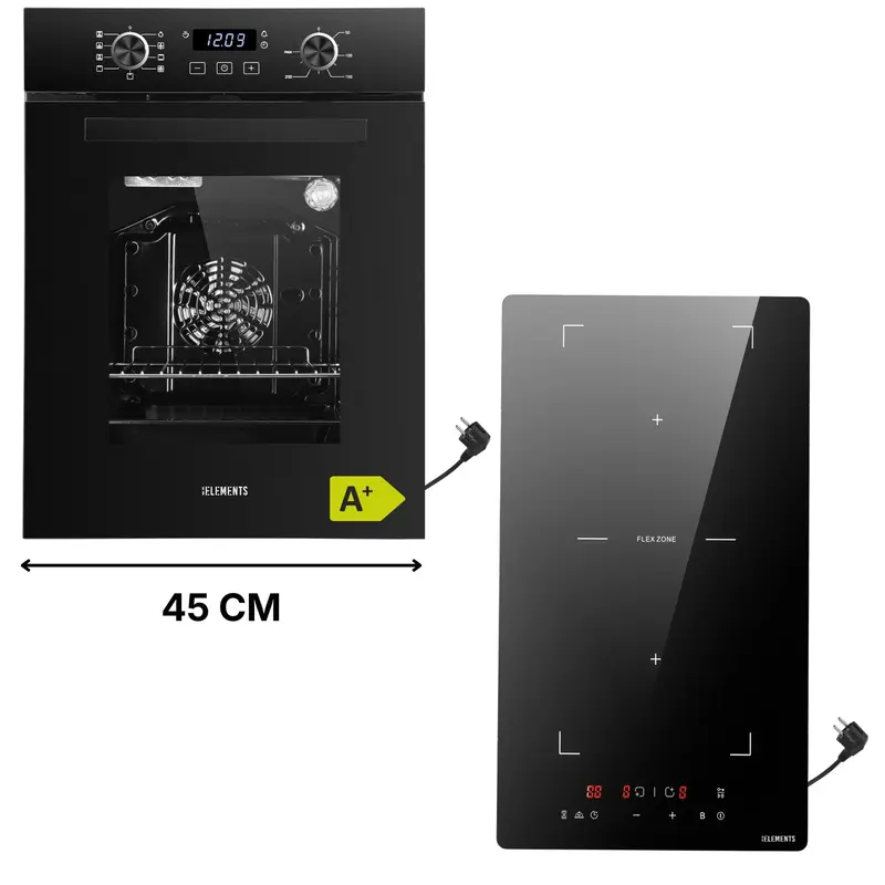KB ELEMENTS Herdset 2-teilig – Einbaubackofen 45 cm A+ Plug & Play & Domino Induktionskochfeld 30 cm Schuko | Schwarz