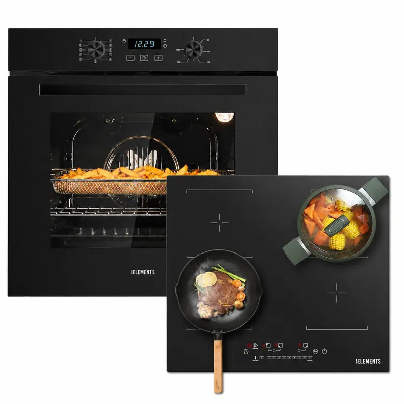 KB ELEMENTS Herdset 2-teilig – Einbaubackofen 60 cm A+ & AntiScratch Induktionskochfeld 60 cm | Air Fry, Schwarz