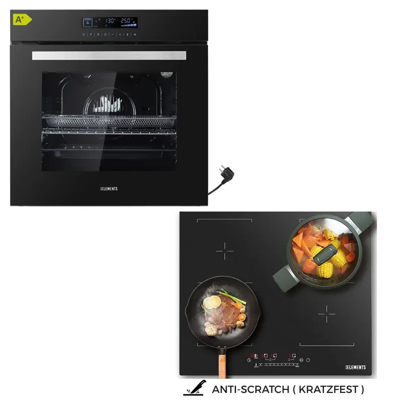 KB ELEMENTS Herdset 2-teilig – Einbaubackofen 60 cm A+ & AntiScratch Induktionskochfeld 60 cm | Full Touch Display, 15 Funktionen, Schwarz/Silber