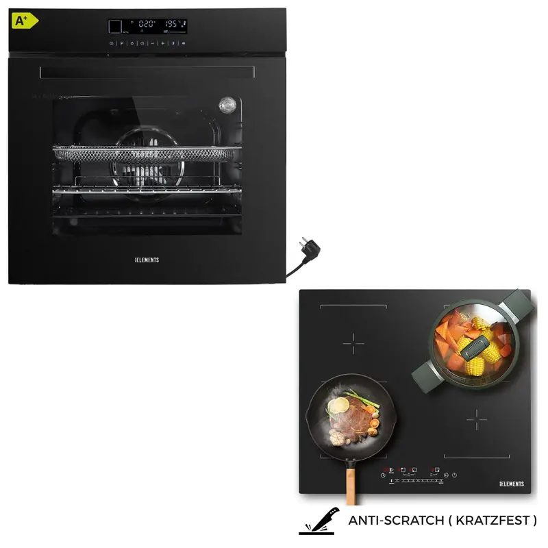 KB ELEMENTS Herdset 2-teilig – Einbaubackofen 60 cm A+ & AntiScratch Induktionskochfeld 60 cm | Full Touch Display, 15 Funktionen, Schwarz