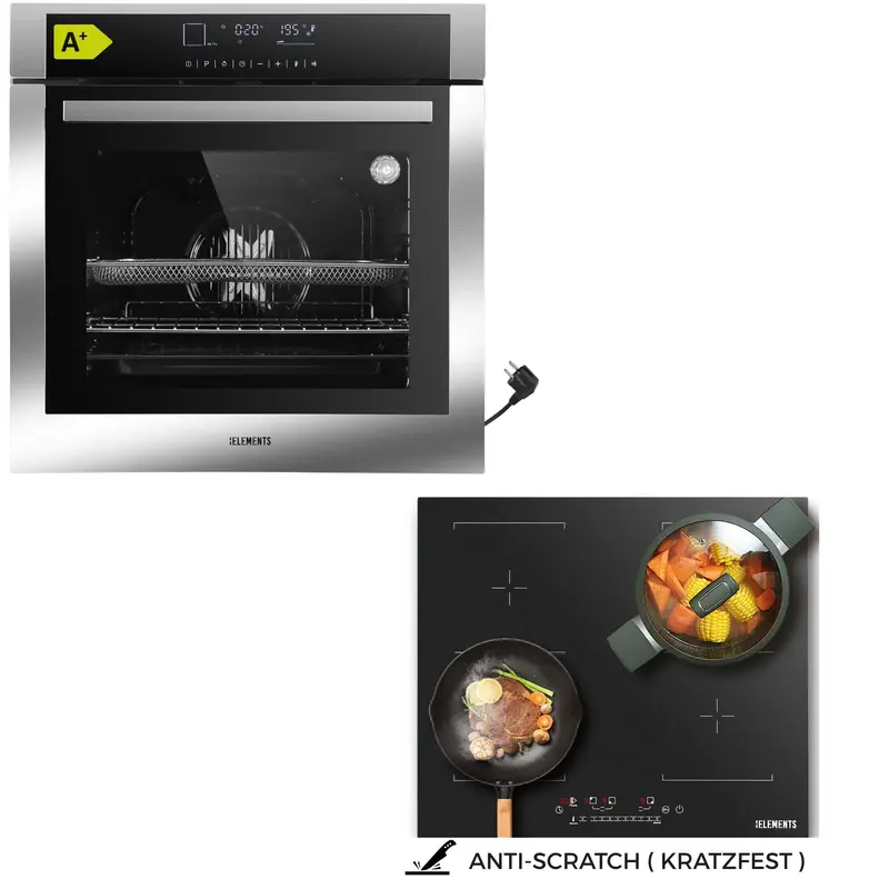 KB ELEMENTS Herdset 2-teilig – Einbaubackofen 60 cm A+ & AntiScratch Induktionskochfeld 60 cm | Full Touch Display, 15 Funktionen, Silber/Edelstahl