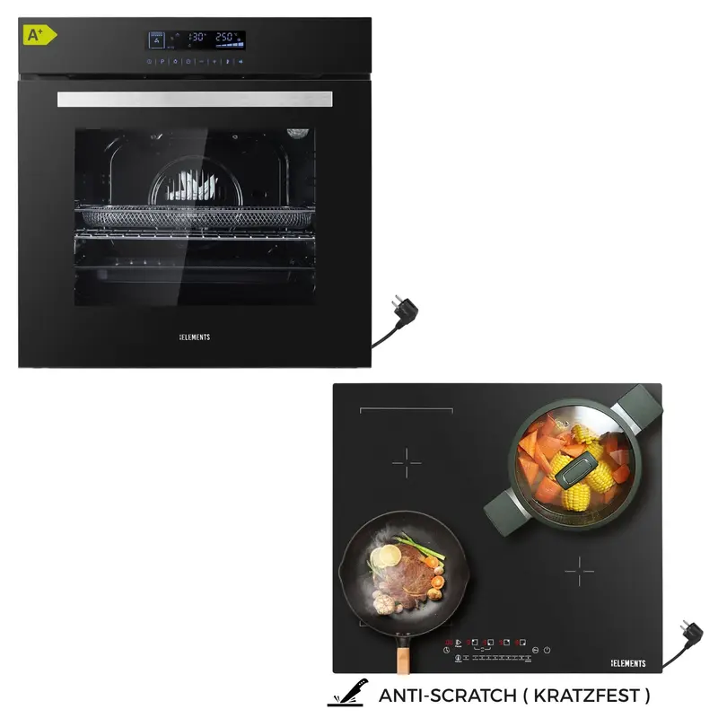KB ELEMENTS Herdset 2-teilig – Einbaubackofen 60 cm A+ & AntiScratch Induktionskochfeld 60 cm Schuko | Full Touch Display, 15 Funktionen, Schwarz/Silber