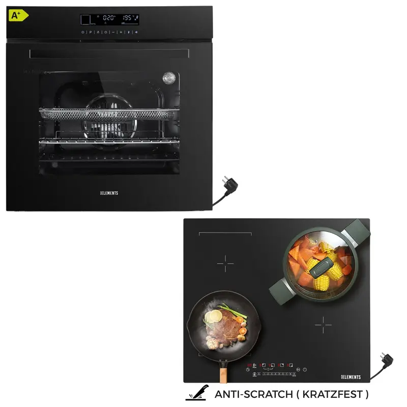 KB ELEMENTS Herdset 2-teilig – Einbaubackofen 60 cm A+ & AntiScratch Induktionskochfeld 60 cm Schuko | Full Touch Display, 15 Funktionen, Schwarz