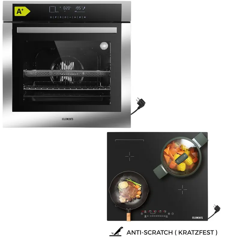 KB ELEMENTS Herdset 2-teilig – Einbaubackofen 60 cm A+ & AntiScratch Induktionskochfeld 60 cm Schuko | Full Touch Display, 15 Funktionen, Silber/Edelstahl