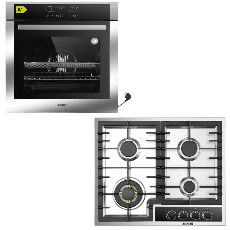 KB ELEMENTS Herdset 2-teilig – Einbaubackofen 60 cm A+ & Gaskochfeld 60 cm 4 Brenner | Full Touch Display, 15 Funktionen, Silber/Edelstahl