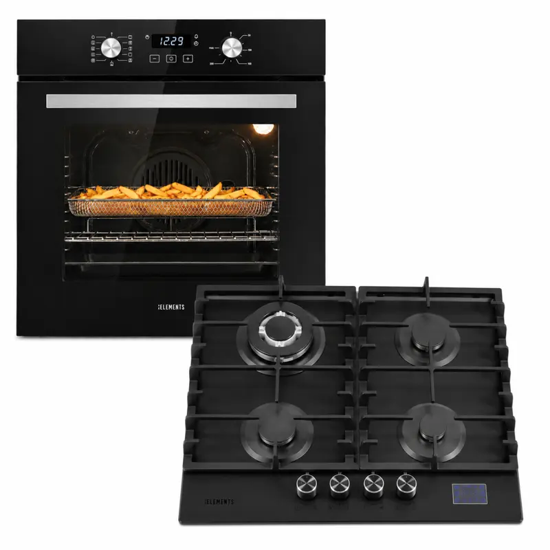 KB ELEMENTS Herdset 2-teilig – Einbaubackofen 60 cm A+ & Gaskochfeld 60 cm | 4 Brenner, Gas-Stop-Timer, Schwarz Silber