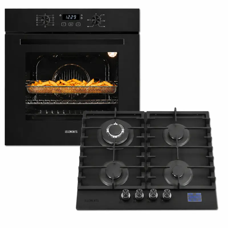 KB ELEMENTS Herdset 2-teilig – Einbaubackofen 60 cm A+ & Gaskochfeld 60 cm | 4 Brenner, Gas-Stop-Timer, Schwarz