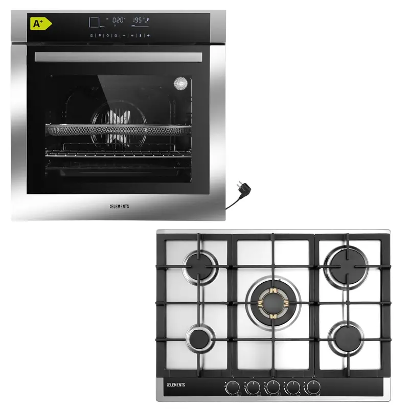 KB ELEMENTS Herdset 2-teilig – Einbaubackofen 60 cm A+ & Gaskochfeld 70 cm 5 Brenner | Full Touch Display, 15 Funktionen, Silber/Edelstahl