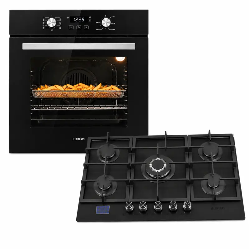KB ELEMENTS Herdset 2-teilig – Einbaubackofen 60 cm A+ & Gaskochfeld 76 cm | 5 Brenner, 10,3 kW, Gas-Stop-Timer, Schwarz Silber