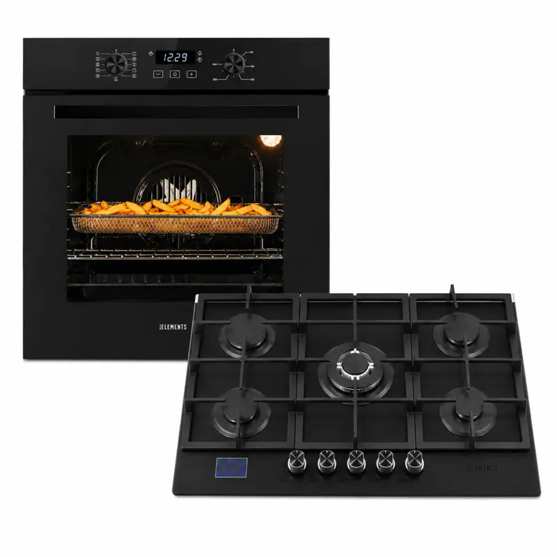 KB ELEMENTS Herdset 2-teilig – Einbaubackofen 60 cm A+ & Gaskochfeld 76 cm | 5 Brenner, 10,3 kW, Gas-Stop-Timer, Schwarz