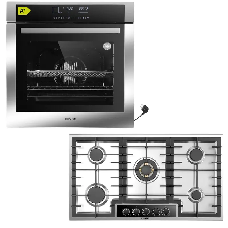 KB ELEMENTS Herdset 2-teilig – Einbaubackofen 60 cm A+ & Gaskochfeld 90 cm 5 Brenner | Full Touch Display, 15 Funktionen, Silber/Edelstahl