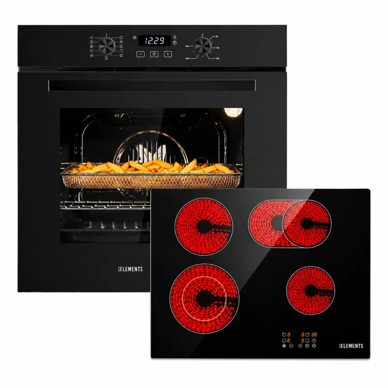 KB ELEMENTS Herdset 2-teilig – Einbaubackofen 60 cm A+ & Glaskeramikkochfeld 60 cm | Air Fry, 11 Funktionen, Schwarz