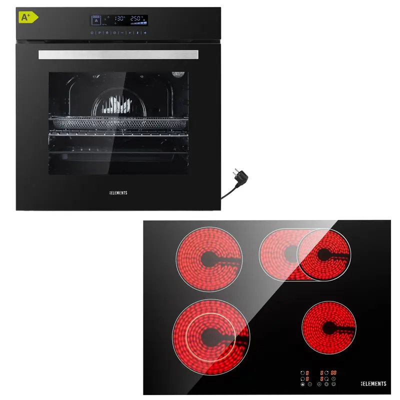 KB ELEMENTS Herdset 2-teilig – Einbaubackofen 60 cm A+ & Glaskeramikkochfeld 60 cm | Full Touch Display, 15 Funktionen, Schwarz/Silber