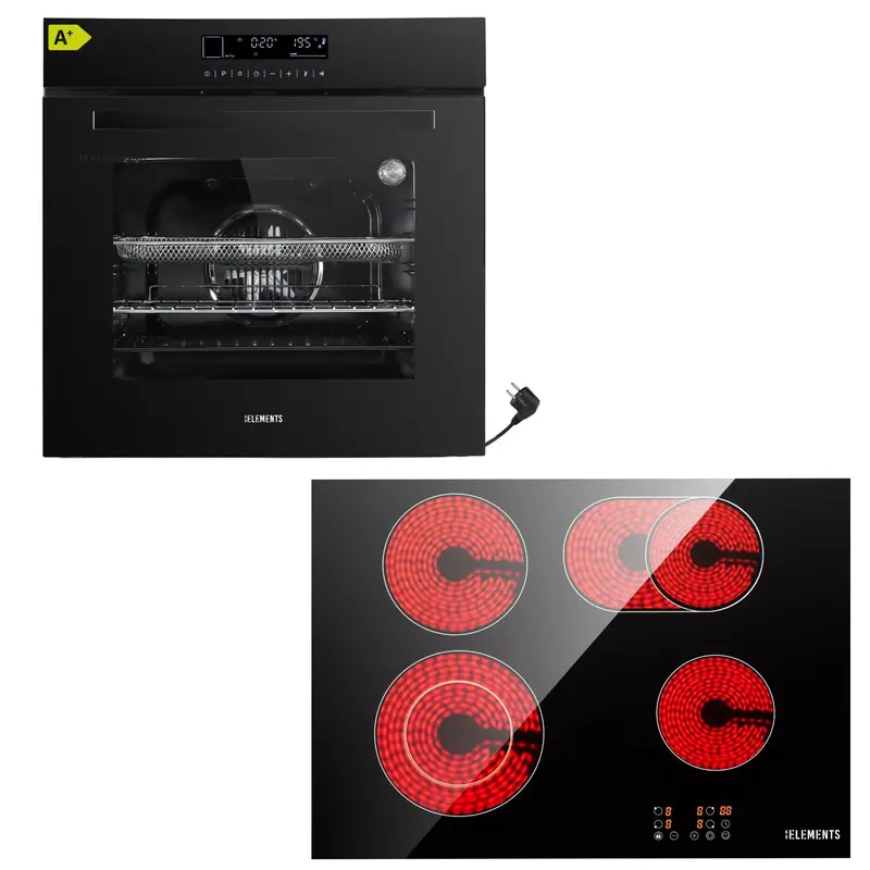 KB ELEMENTS Herdset 2-teilig – Einbaubackofen 60 cm A+ & Glaskeramikkochfeld 60 cm | Full Touch Display, 15 Funktionen, Schwarz