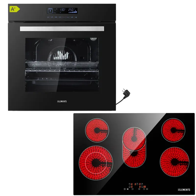 KB ELEMENTS Herdset 2-teilig – Einbaubackofen 60 cm A+ & Glaskeramikkochfeld 77 cm 5 Zonen | Full Touch Display, 15 Funktionen, Schwarz/Silber