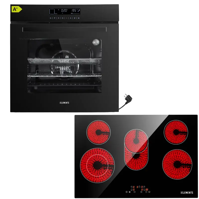 KB ELEMENTS Herdset 2-teilig – Einbaubackofen 60 cm A+ & Glaskeramikkochfeld 77 cm 5 Zonen | Full Touch Display, 15 Funktionen, Schwarz
