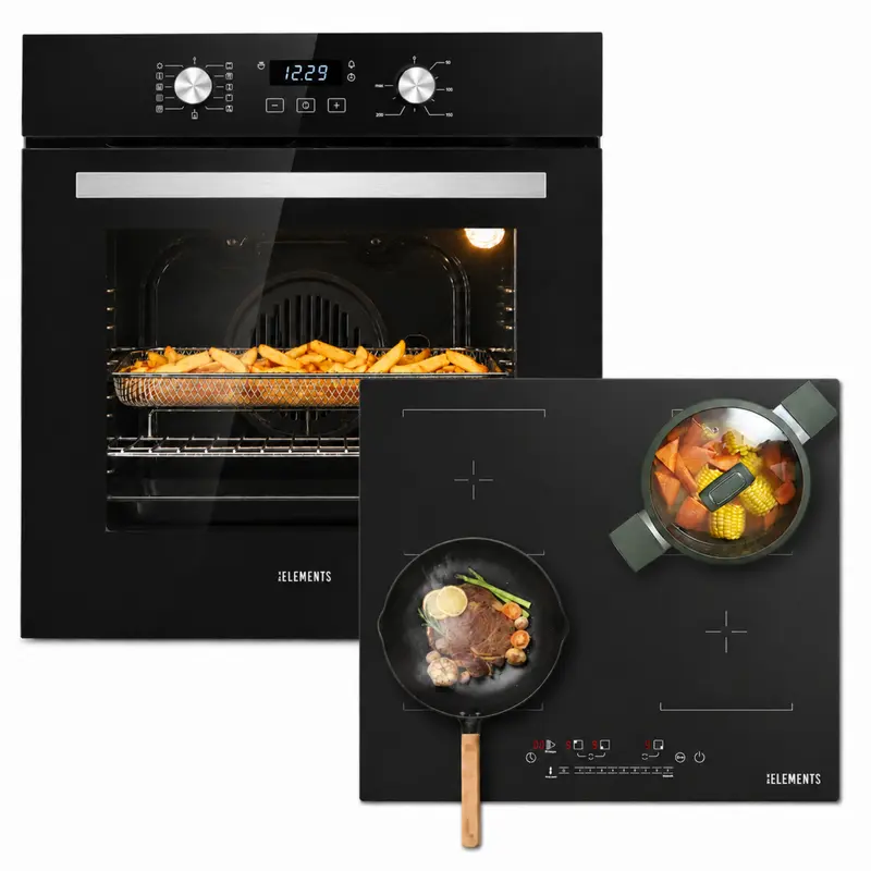 KB ELEMENTS Herdset 2-teilig – Einbaubackofen 60 cm A+ & Induktionskochfeld 60 cm | AntiScratch, 2 Flexzonen, Schwarz Silber