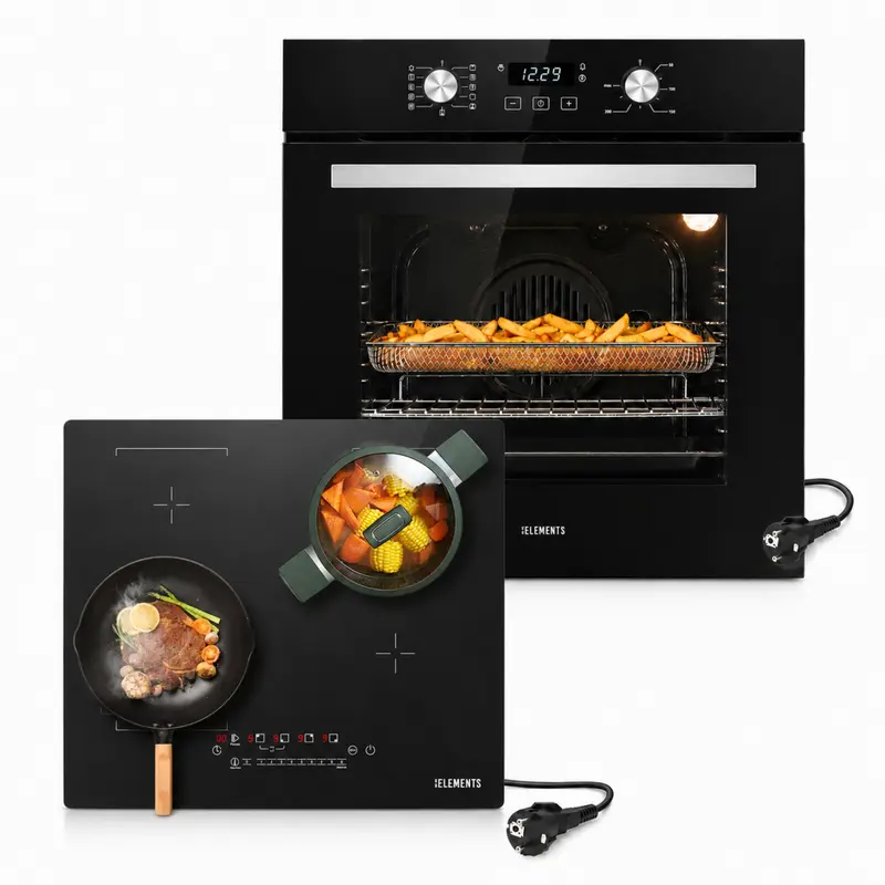 KB ELEMENTS Herdset 2-teilig – Einbaubackofen 60 cm A+ & Induktionskochfeld 60 cm | AntiScratch, Schuko, Schwarz Silber