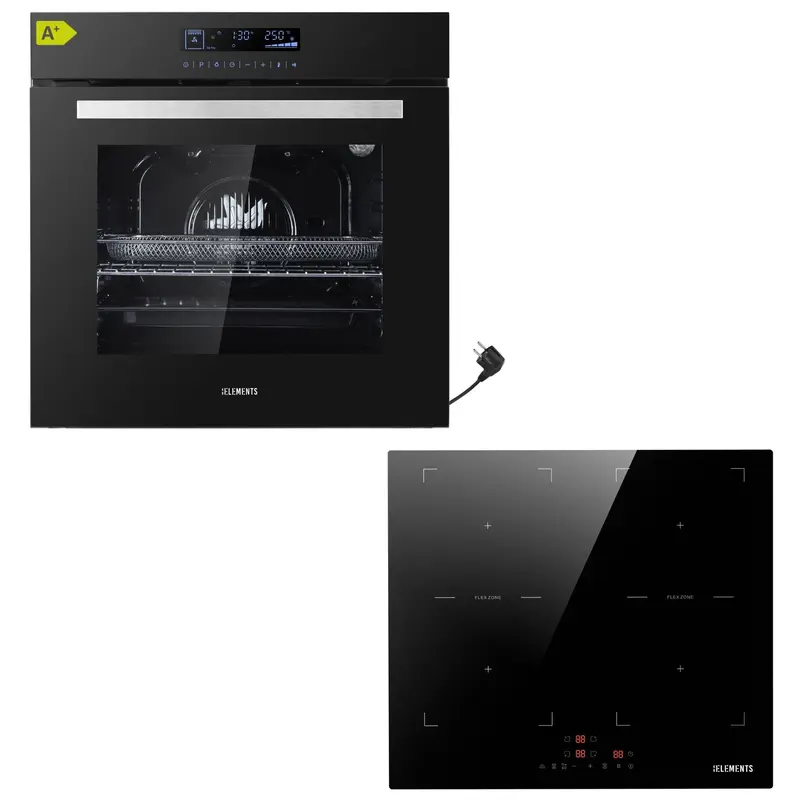 KB ELEMENTS Herdset 2-teilig – Einbaubackofen 60 cm A+ & Induktionskochfeld 60 cm | Full Touch Display, 15 Funktionen, Schwarz/Silber
