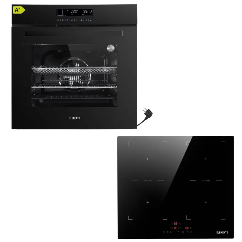 KB ELEMENTS Herdset 2-teilig – Einbaubackofen 60 cm A+ & Induktionskochfeld 60 cm | Full Touch Display, 15 Funktionen, Schwarz