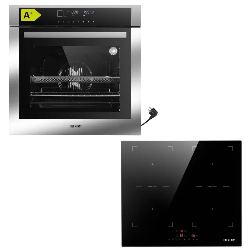 KB ELEMENTS Herdset 2-teilig – Einbaubackofen 60 cm A+ & Induktionskochfeld 60 cm | Full Touch Display, 15 Funktionen, Silber/Edelstahl