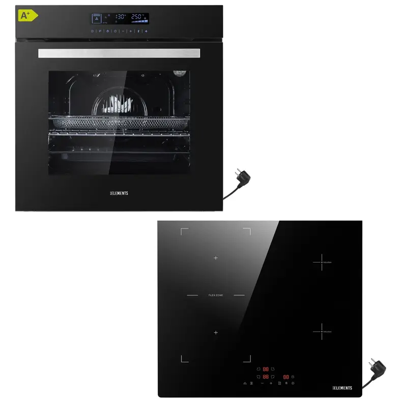 KB ELEMENTS Herdset 2-teilig – Einbaubackofen 60 cm A+ & Induktionskochfeld 60 cm Schuko | Full Touch Display, 15 Funktionen, Schwarz/Silber