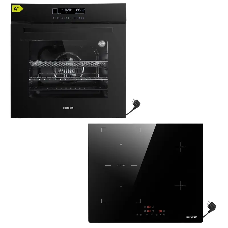 KB ELEMENTS Herdset 2-teilig – Einbaubackofen 60 cm A+ & Induktionskochfeld 60 cm Schuko | Full Touch Display, 15 Funktionen, Schwarz
