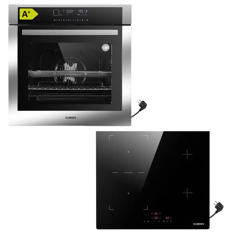 KB ELEMENTS Herdset 2-teilig – Einbaubackofen 60 cm A+ & Induktionskochfeld 60 cm Schuko | Full Touch Display, 15 Funktionen, Silber/Edelstahl