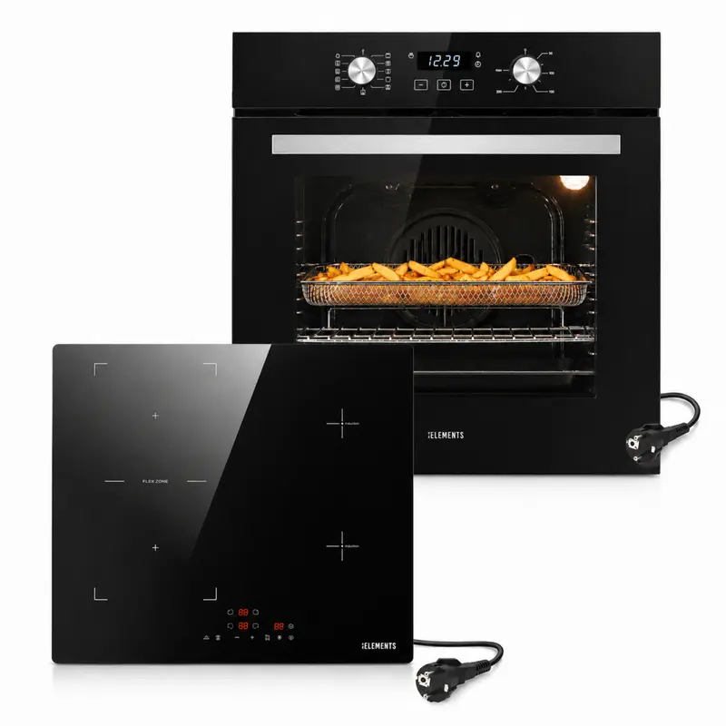 KB ELEMENTS Herdset 2-teilig – Einbaubackofen 60 cm A+ & Induktionskochfeld 60 cm | Schuko, Schwarz Silber