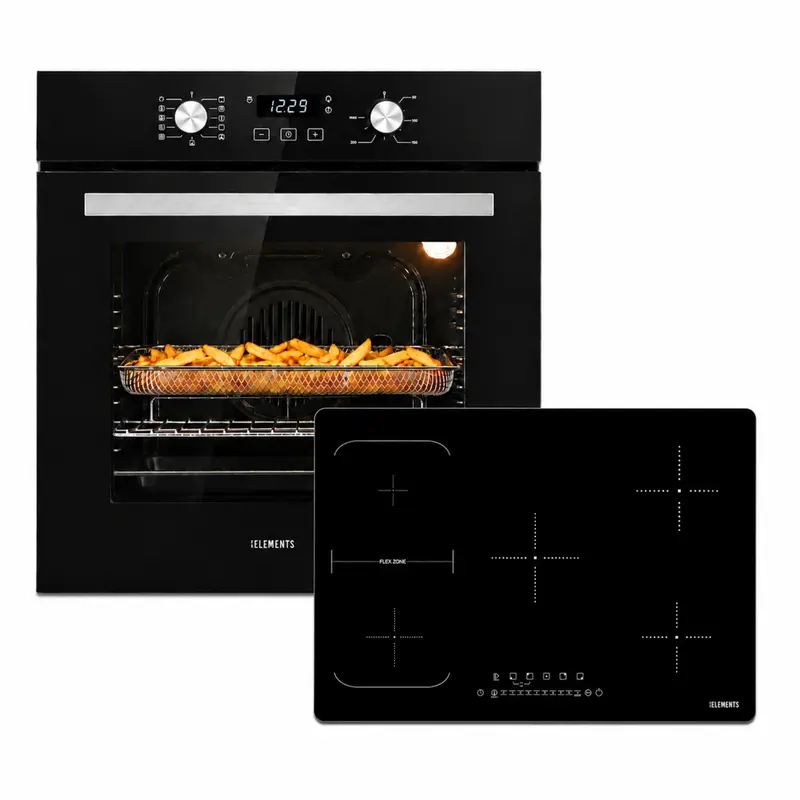 KB ELEMENTS Herdset 2-teilig – Einbaubackofen 60 cm A+ & Induktionskochfeld 77 cm | 5 Zonen, 9400 W, Schwarz Silber