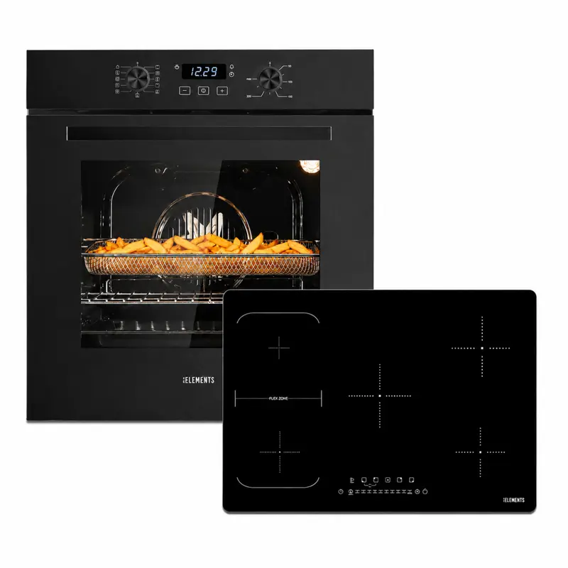 KB ELEMENTS Herdset 2-teilig – Einbaubackofen 60 cm A+ & Induktionskochfeld 77 cm | 5 Zonen, 9400 W, Schwarz