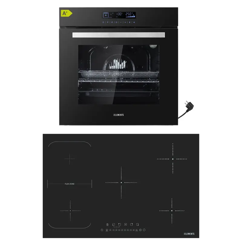 KB ELEMENTS Herdset 2-teilig – Einbaubackofen 60 cm A+ & Induktionskochfeld 77 cm 5 Zonen | Full Touch Display, 15 Funktionen, Schwarz/Silber