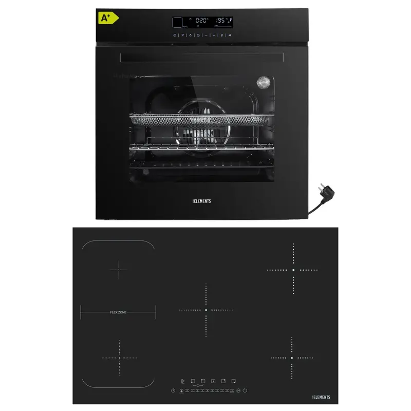 KB ELEMENTS Herdset 2-teilig – Einbaubackofen 60 cm A+ & Induktionskochfeld 77 cm 5 Zonen | Full Touch Display, 15 Funktionen, Schwarz