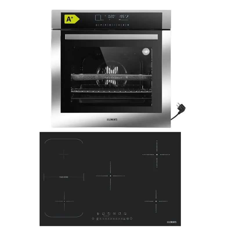 KB ELEMENTS Herdset 2-teilig – Einbaubackofen 60 cm A+ & Induktionskochfeld 77 cm 5 Zonen | Full Touch Display, 15 Funktionen, Silber/Edelstahl