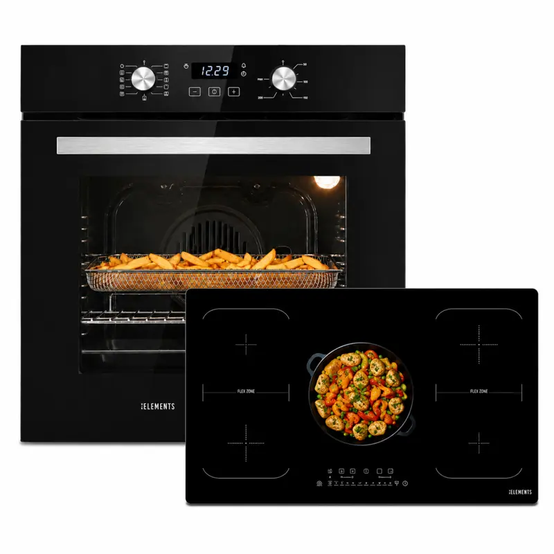 KB ELEMENTS Herdset 2-teilig – Einbaubackofen 60 cm A+ & Induktionskochfeld 90 cm | 5 Zonen, 9400 W, Schwarz Silber