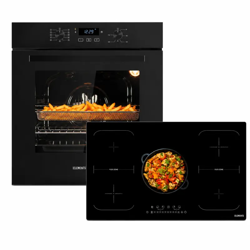 KB ELEMENTS Herdset 2-teilig – Einbaubackofen 60 cm A+ & Induktionskochfeld 90 cm | 5 Zonen, 9400 W, Schwarz