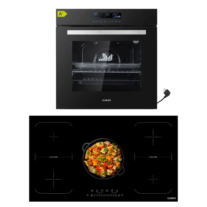 KB ELEMENTS Herdset 2-teilig – Einbaubackofen 60 cm A+ & Induktionskochfeld 90 cm 5 Zonen | Full Touch Display, 15 Funktionen, Schwarz/Silber
