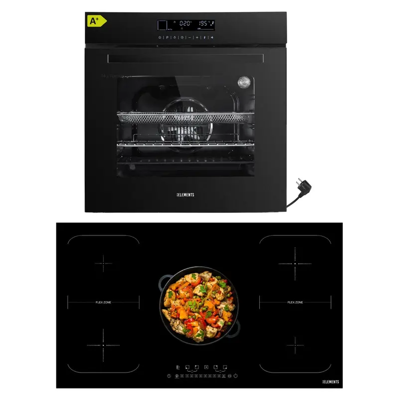 KB ELEMENTS Herdset 2-teilig – Einbaubackofen 60 cm A+ & Induktionskochfeld 90 cm 5 Zonen | Full Touch Display, 15 Funktionen, Schwarz