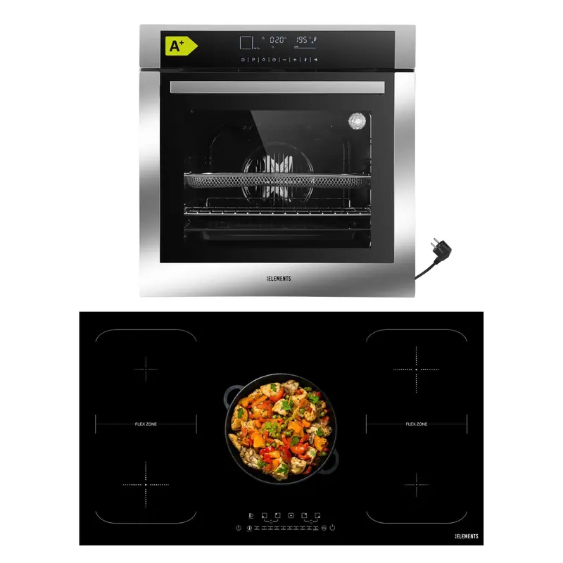 KB ELEMENTS Herdset 2-teilig – Einbaubackofen 60 cm A+ & Induktionskochfeld 90 cm 5 Zonen | Full Touch Display, 15 Funktionen, Silber/Edelstahl