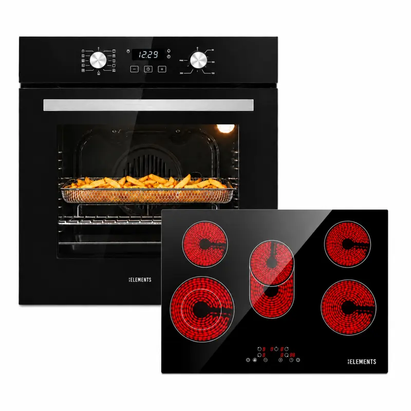 KB ELEMENTS Herdset 2-teilig – Einbaubackofen 60 cm + Glaskeramikkochfeld 77 cm | Air Fry, A+, Schwarz