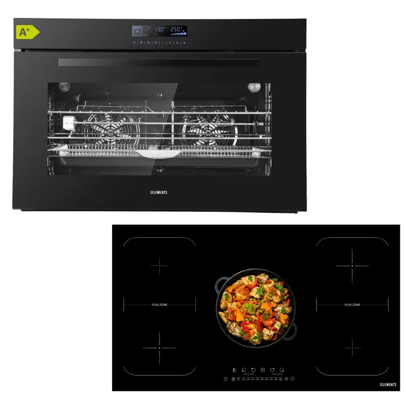 KB ELEMENTS Herdset 2-teilig – Einbaubackofen 90 cm 125 Liter Rotisserie & Induktionskochfeld 90 cm 5 Zonen | Full Touch Display, A+, Schwarz
